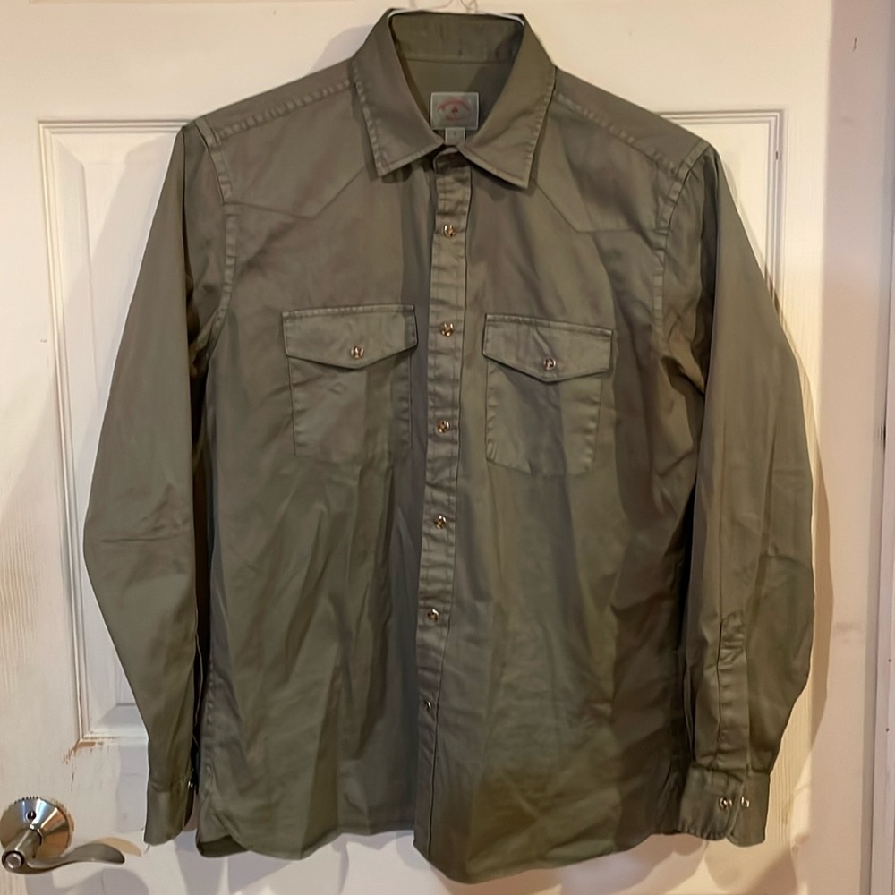 Brooks Brothers Red Fleece, OD Green Pearl Snap, LS shirt, Large